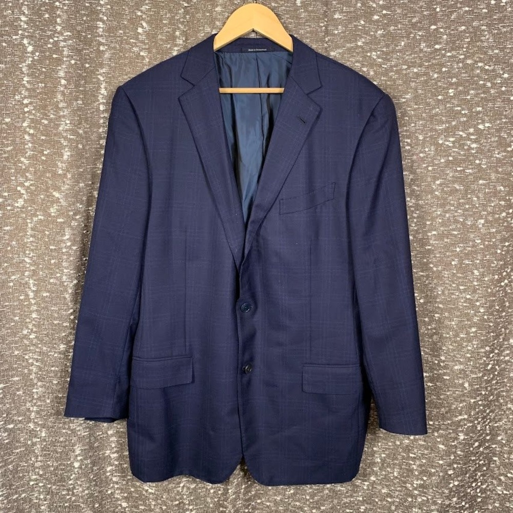 Zegna Mila Fit Blazer Mens 44 Long Navy Blue Grid Windowpane Plaid Wool Jacket
